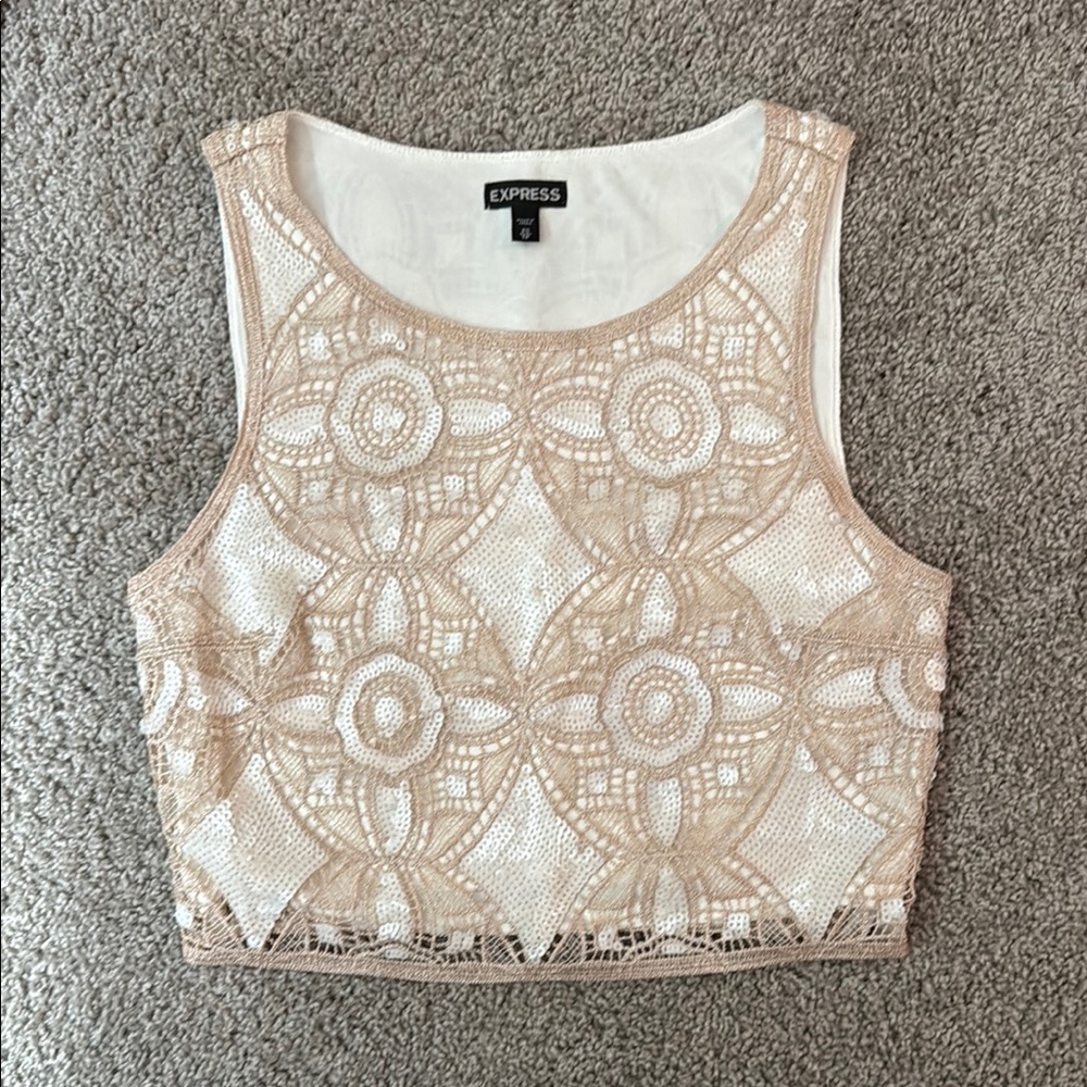 Express Cream Embellished Sleeveless Crop Tank XS